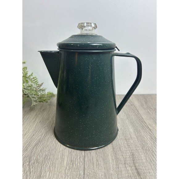Vintage Coffee Pot Percolator, Camping Pot Enameled Green With White Speckles - Picture 1 of 13